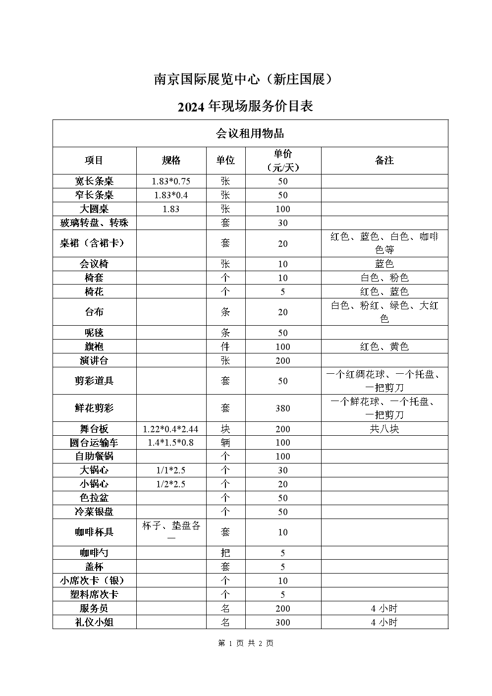 南京國際展覽中心（新莊國展）2024年會議及展覽服務價目表解讀與指南